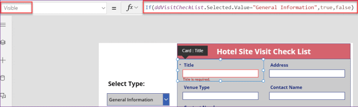 show or hide a few columns based on the Check List Type column in Power Apps