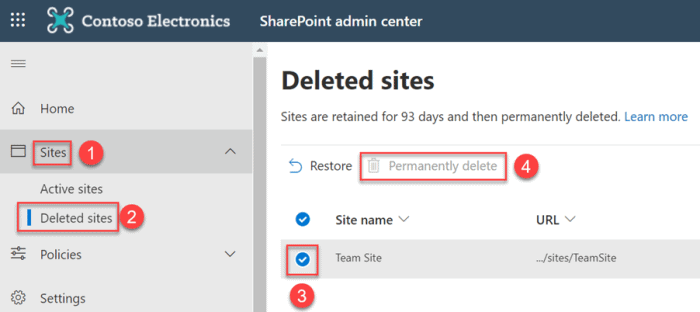 permanently delete a sharepoint site